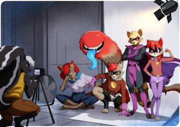 anthro belt bottomwear camera cape clothed clothing cosplay costume denim denim_bottomwear denim_clothing embarrassed eyewear female floor_fan glasses group jeans male mask pants pose posing_for_picture raised_bottomwear raised_clothing raised_skirt size_difference skirt studio studio_lights superhero superhero_costume tail tail_mouth tongue tongue_out tripod unusual_anatomy unusual_tail vigilante wearing_glasses wearing_mask gravydood legend_of_ahya ahya_(legend_of_ahya) max_thrash michael_thumpings_(darkflamewolf) nina_thumpings_(darkflamewolf) steven_stinkman taylor_renee_wolford_(darkflamewolf) canid canine canis mammal mephitid procyonid raccoon skunk wolf absurd_res hi_res