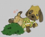 ambiguous_gender anthro bodily_fluids brown_markings chibi clothing collared_shirt eyebrows female flower front_view fur genital_fluids geometric_background gloves_(marking) grid_background half-closed_eyes head_tuft leg_markings lying markings narrowed_eyes on_side open_mouth pattern_background peeing plant raised_hand raised_leg raised_tail shirt shrub simple_background socks_(marking) solo spots spotted_markings steam sweat tail topwear tuft urine watersports yellow_body yellow_fur truemew animal_crossing nintendo goldie_(animal_crossing) canid canine canis domestic_dog mammal 2025 digital_media_(artwork) hi_res