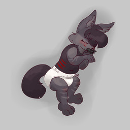 ambiguous_gender anthro black_body black_fur blush clothed clothing diaper diaper_only eyebrow_through_hair eyebrows eyes_closed fur grey_body grey_fur hair markings navel object_in_mouth pacifier pacifier_in_mouth red_body red_fur red_markings sleeping solo striped_body striped_markings stripes tail toddler topless translucent translucent_hair wearing_diaper young young_anthro rhapsody_tenrai rhapsody_tenrai_(character) canid canine canis mammal wolf 1:1 2026 alternate_version_at_source digital_drawing_(artwork) digital_media_(artwork) hi_res signature