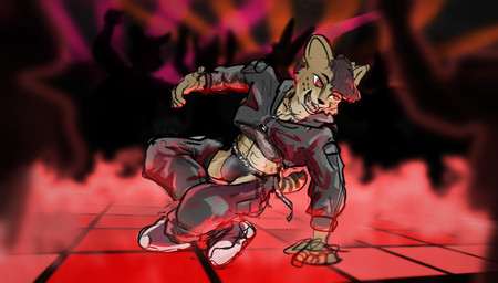 action_pose alternative_fashion anthro belt bra breasts bulge chain clothed clothing dancing footwear gynomorph hoodie intersex pose public rave red_eyes red_light shoes silhouette skimpy sneakers solo teeth thong topwear underwear aka_meyneth junebug_(aka_meyneth) felid feline mammal serval hi_res sketch trans_(lore) trans_woman_(lore)