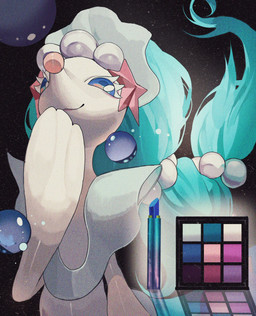 advertisement ambiguous_gender anthro blue_eyes blue_hair bubble eyelashes gem hair lipstick looking_at_viewer low-angle_view makeup pearl_(gem) simple_background smile solo starfish_(accessory) white_body mmocc123 nintendo pokemon aquatic asterozoan echinoderm generation_7_pokemon pokemon_(species) primarina starfish 2025 hi_res