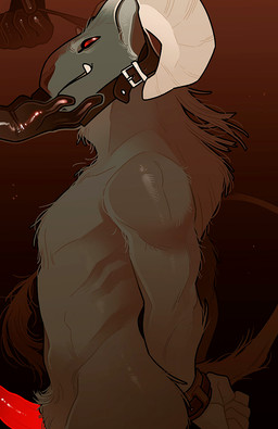 5_fingers anthro black_body black_fur bound clothing collar duo fingers fur genitals gloves gradient_background hand_on_chin hands_behind_back hands_tied handwear holidays horn latex latex_clothing latex_gloves latex_handwear leash leashed_collar male mostly_offscreen_character penis red_eyes red_penis side_view simple_background snaggle_tooth solo_focus submissive submissive_male tail innkeeper_worm christmas krampus bovid caprine caprine_demon demon goat_demon mammal 2025 digital_media_(artwork)