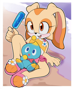 anthro beach blush bow_tie clothed clothing dripping female food footwear holding_food holding_object holding_popsicle one_piece_suit open_mouth popsicle sand sandals sea shoes sitting smile spread_legs spreading swimwear water young young_anthro young_female gaturo sega sonic_adventure sonic_the_hedgehog_(series) cheese_the_chao cream_the_rabbit chao_(sonic) lagomorph leporid mammal rabbit 2025 absurd_res hi_res