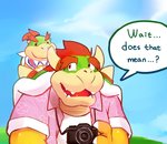 2020 anthro belly biped bowser bowser_jr. camera clothing cute_fangs dialogue duo english_text father_(lore) father_and_child_(lore) father_and_son_(lore) hair hi_res koopa lates male mario_bros nintendo outside overweight overweight_male parent_(lore) parent_and_child_(lore) parent_and_son_(lore) red_eyes red_hair scalie shell shirt son_(lore) speech_bubble spiked_shell spikes spikes_(anatomy) text topwear