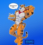 anthro armpit_hair bedroom_eyes belly biceps big_penis blue_nose body_hair bowl breakfast cereal_bowl container cum_as_milk fangs foreskin fur genitals kerchief looking_at_viewer male mascot milk muscular narrowed_eyes nipples orange_body pecs penis seductive smile smiling_at_viewer smirk smirking_at_viewer solo splash striped_body striped_fur stripes teeth white_belly yellow_eyes serak_claw frosted_flakes kellogg's tony_the_tiger felid feline mammal pantherine tiger absurd_res hi_res
