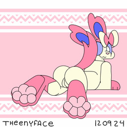 animated_background big_butt blinking bow_(feature) butt feet female foot_focus genitals looking_back lying on_front pawpads pink_background simple_background smile solo tail tail_motion tailwag vulva theenyface nintendo pokemon eeveelution generation_6_pokemon pokemon_(species) sylveon 1:1 2d_animation animated loop motion_tweening