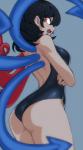 alien backless_clothing backless_swimsuit black_hair breasts butt clothed clothing crossed_arms fangs female hair humanoid mismatched_wings not_furry nue_houjuu one-piece_swimsuit open-back_swimsuit open_mouth rear_view red_eyes short_hair solo space_zin swimwear teeth touhou wings