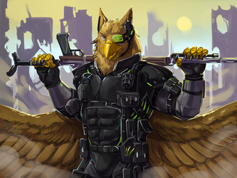 5_fingers abs anthro beak biceps biped brown_body brown_fur building building_destruction city city_background city_destruction cityscape claws clothed clothing destruction eyewear feathered_wings feathers finger_claws fingerless_gloves fingers fur gear glasses gloves gun handwear macro macro_anthro macro_male male muscular muscular_anthro muscular_male outside pecs ranged_weapon smile solo weapon wearing_glasses wings nightarm mythology carpo avian gryphon mythological_avian mythological_creature hi_res