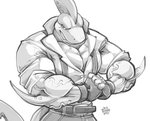 anthro belt clothing cracking_knuckles gloves handwear male muscular muscular_anthro muscular_male pecs shirt smile smirk solo teeth tight_clothing topwear vein chirros fish marine shark monochrome