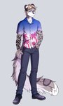 aloha_shirt anime_style anthro arm_tattoo black_clothing black_footwear black_shoes blonde_hair blue_clothing blue_eyes blue_shirt blue_topwear bottomwear clothing denim denim_bottomwear denim_clothing ear_piercing felid fluffy fluffy_tail footwear fur grey_body grey_bottomwear grey_clothing grey_fur grey_jeans grey_pants hair hi_res jeans looking_at_viewer male mammal markings pantherine pants pattern_clothing pattern_shirt pattern_topwear piercing pink_palms rokito serkhio_stil shirt simple_background snow_leopard solo spots spotted_body spotted_fur spotted_markings spotted_tail tail tail_markings tattoo topwear white_background white_body white_clothing white_fur white_shirt white_topwear