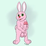 anthro balls big_penis genitals green_eyes holding_penis huge_penis looking_at_viewer male nude penis pink_body pink_penis simple_background solo vein veiny_penis daison_the_fox duracell_bunny lagomorph leporid mammal rabbit hi_res