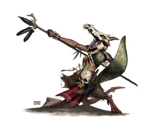anthro barefoot biped bone bone_mask claws clothed clothing dagger feathers feet holding_object holding_weapon mask melee_weapon open_mouth polearm ranged_weapon shield skull skull_mask slingshot solo spear teeth toe_claws tongue weapon yellow_eyes bryan_syme dungeons_and_dragons hasbro wizards_of_the_coast kobold reptile scalie