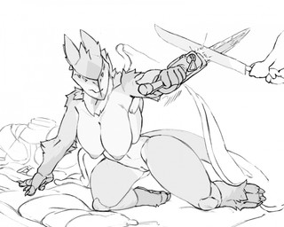 4_eyes anthro breasts female fight genitals melee_weapon multi_eye neck_tuft nude small_waist solo sword thick_thighs tuft vulva weapon wide_hips kofomy hi_res monochrome
