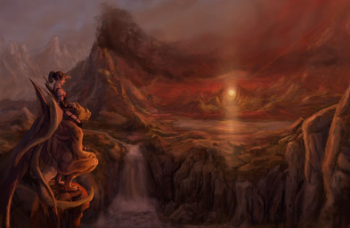 anthro clothed clothing digitigrade duo fantasy hair horn landscape membrane_(anatomy) membranous_wings ponytail scenic_view skimpy sunset tail volcano water waterfall wings marsonaut mythology dragon elf humanoid mythological_creature mythological_scalie reptile scalie digital_media_(artwork)