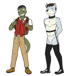 anthro backpack bottomwear bow_tie briefs clothed clothing collar duo footwear fully_clothed garter_belt garter_straps hands_behind_back legwear male navel necktie nipples pants shoes simple_background stockings topless topwear underwear vest white_background fuze viktor_(fuze) felid mammal pantherine reptile scalie snake snow_leopard 1:1 full-length_portrait hi_res portrait