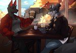 anthro beverage cafe clothed clothing coffee duo male male/male muscular muscular_male restaurant sitting chalk_outline canid canine canis jackal mammal wolf hi_res