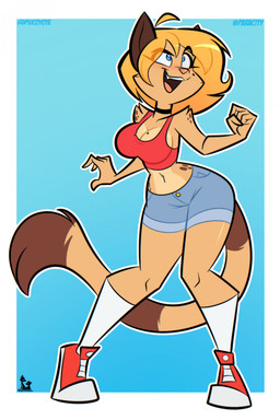 anthro arm_tuft blonde_hair blue_eyes blush bottomwear breasts choker clothing crop_top denim denim_bottomwear denim_clothing denim_shorts eyebrows eyelashes facial_tuft female footwear fur hair jewelry long_eyelashes markings mole_(marking) mole_on_breast mole_under_eye navel necklace shirt shoes shorts shoulder_tuft small_waist socks solo spots spotted_hips spotted_shoulders standing tan_body tan_fur thick_thighs topwear tuft wide_hips psicoyote cassandra_(psicoyote) domestic_cat felid feline felis mammal 2026 hi_res