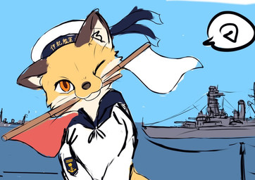 ambiguous_gender brown_body brown_fur clothed clothing day feral flag flag_(object) fur hat headgear headwear heart_symbol holding_flag holding_object looking_at_viewer multicolored_body multicolored_fur one_eye_closed orange_body orange_eyes orange_fur outside sea ship sky smile solo speech_bubble text vehicle water watercraft white_body white_clothing white_fur white_hat white_headwear wink yellow_body yellow_fur fusau canid canine fox mammal 2023 detailed digital_media_(artwork)