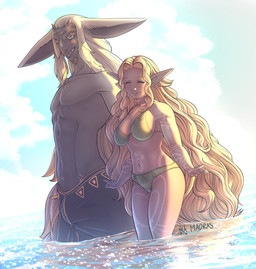 anthro bikini blonde_hair breasts bulge canon_couple clothed clothed_anthro clothed_female clothed_humanoid clothed_male clothing cloud dark_body dark_skin duo dutch_angle eyes_closed female hair horn humanoid_pointy_ears husband_and_wife larger_male light_body light_skin long_hair male married_couple multi_eye navel open_mouth outside partially_submerged pointy_ears side_by_side size_difference sky smaller_female smile standing standing_in_water swimwear teeth three-quarter_view topless topless_anthro topless_male two-piece_swimsuit water white_hair madras nintendo tears_of_the_kingdom the_legend_of_zelda rauru_(tears_of_the_kingdom) sonia_(tloz) humanoid hylian zonai 2024 absurd_res hi_res portrait three-quarter_portrait