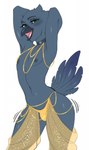 anthro beak belly_dancer blush bulge collar feathers femboy gold_(metal) gold_jewelry jewelry male navel nipples open_beak open_mouth presenting simple_background solo tail tail_feathers bored_user qwyn_(shadowfox98) avian bird corvid corvus_(genus) oscine passerine raven hi_res