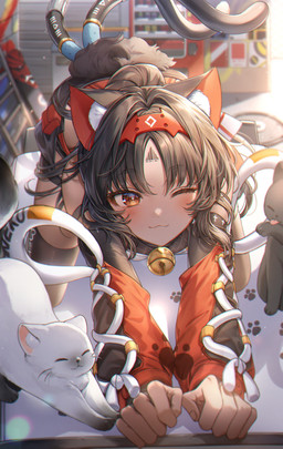 2_tails 5_fingers :3 animal_ears armwear bell bell_collar blush clothed clothed_female clothed_humanoid clothing collar dark_body dark_skin detached_sleeves female feral fingers fully_clothed fully_clothed_female fully_clothed_humanoid group lens_flare multi_tail solo_focus stretching tail trio pillo_0000 mihoyo zenless_zone_zero nekomiya_mana animal_humanoid cat_humanoid domestic_cat felid felid_humanoid feline feline_humanoid felis humanoid mammal mammal_humanoid thiren 2024 absurd_res chromatic_aberration hi_res