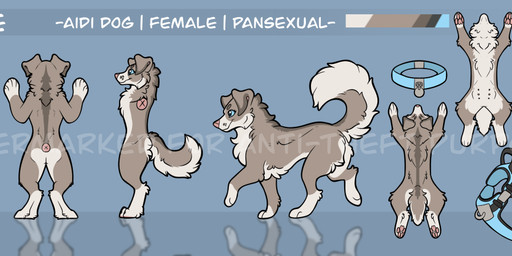 6_nipples ambiguous_gender anthro blue_eyes collar cookie feral fluffy fluffy_tail food fur grey_body multi_nipple nipples no_sclera pawpads paws pink_mouth pink_nose pink_pawpads service_dog_harness solo tail tan_body tan_fur white_body white_fur symrea canid canine mammal model_sheet female_(lore)