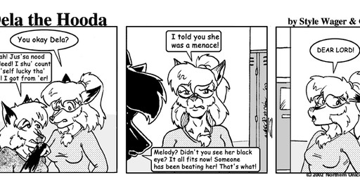 anthro blood bodily_fluids breasts clothed clothed_female clothing dialogue dipstick_ears duo ear_markings ears_back female gloves_(marking) markings multicolored_ears nosebleed pivoted_ears text style_wager dela_the_hooda dela_aldershaw melody_aldershaw canid canine fox hooda mammal 2002 comic english_text greyscale monochrome cousins_(lore)