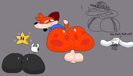 :3 ambiguous_gender anthro anus backsack balls big_balls big_butt big_ears black_body blue_clothing blue_hoodie blue_topwear blush blush_lines butt clothed clothing dialogue exclamation_point eyelashes fangs featureless_crotch female floating_tail fur genitals glistening glistening_anus glistening_balls glistening_butt glistening_genitalia grey_background group hat head_tuft headgear headwear hoodie horn huge_butt long_ears long_neck looking_at_another looking_at_viewer looking_away looking_back looking_back_at_viewer male markings multicolored_body multicolored_fur multicolored_tail nude open_mouth partially_clothed presenting presenting_hindquarters puffy_anus simple_background size_difference smug spots spotted_markings standing star_(mario_bros) tail teeth text topwear tuft x_anus nxyitn hollow_knight_(franchise) mario_bros nintendo team_cherry lucy_swallows soups_(superiorfox) the_knight_(hollow_knight) canid canine fox lagomorph mammal red_fox reptile scalie snake true_fox vessel_(species) 7:4 aliasing digital_media_(artwork)
