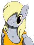 anthro anthrofied big_breasts blonde_hair breasts cleavage clothed clothing female hair long_hair one_eye_closed simple_background skimpy smile solo white_background wink tg-0 friendship_is_magic hasbro my_little_pony derpy_hooves_(mlp) equid equine horse mammal pony