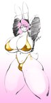 anthro backwards_baseball_cap backwards_hat baseball_cap big_breasts bikini black_baseball_cap breasts bulge cleavage clothed clothing eye_through_hair eyebrow_through_hair eyebrows fur furgonomic_baseball_cap furgonomic_hat furgonomic_headwear furgonomics gold_bikini grin gynomorph hair hands_behind_back hat headgear headwear huge_breasts inner_ear_fluff intersex long_ears navel pink_hair simple_background skimpy smile solo swimwear translucent translucent_hair tuft two-piece_swimsuit white_background white_body white_fur snesflint golden_week pb_(theycallhimcake) lagomorph leporid mallkin mammal rabbit 1:2 2025 english_description hi_res portrait signature sketch three-quarter_portrait busty_boy_(lore) male_(lore)