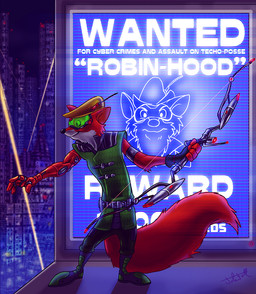 anthro bow_(weapon) building clothing cybernetic_arm cybernetic_limb cybernetics cyberpunk futuristic green_clothing green_suit green_visor hat headgear headwear machine male metal_arm night ranged_weapon skyscraper solo suit wanted_poster weapon yellow_clothing yellow_hat yellow_headwear john_fell disney robin_hood_(disney) robin_hood canid canine cyborg fox mammal red_fox true_fox
