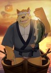 anthro asian_clothing belly boat bulge clothed clothing east_asian_clothing fishing fundoshi fur humanoid_hands japanese_clothing kemono looking_at_viewer male overweight overweight_anthro overweight_male river solo sunset underwear vehicle watercraft yellow_body yellow_fur 3000vnd canid canine canis domestic_dog mammal marine