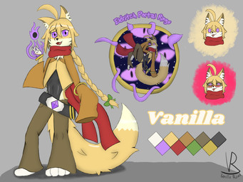 ahoge anthro belt belt_buckle big_tail blep blonde_hair blush bottomwear bow_ribbon braided_hair buckle clothing eldritch expressions fluffy fluffy_tail fur glowing glowing_eyes hair long_hair long_scarf long_sleeves male oversized_belt oversized_bottomwear oversized_clothing oversized_pants pants portal portal_ring ring rings_on_arms scarf shrug_(clothing) solo space star tail tentacles text tongue tongue_out white_body white_fur yellow_body yellow_fur vanilla_road canid canine fox mammal true_fox 4:3 absurd_res hi_res model_sheet