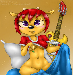 anthro bed bedding black_nose blanket blush bottomless breasts clothed clothing clothing_lift electric_guitar eyelashes female furniture guitar hair horn looking_at_viewer musical_instrument navel pillow plucked_string_instrument purple_eyes red_hair shirt shirt_lift smile solo star string_instrument topwear under_boob underwear undressing wide_hips big-e6 shalonesk parappa_the_rapper sony_corporation sony_interactive_entertainment um_jammer_lammy lammy_lamb bovid caprine mammal sheep multiple_images