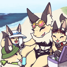ambiguous_anthro ambiguous_gender anthro beach belly black_nose brown_ears circle_eyebrows clothing cooler dipstick_tail eye_markings eyebrows eyes_closed eyewear eyewear_on_head fangs female female_anthro flat_chested flesh_fang food fur gloves_(marking) group hat head_markings headgear headwear hill hip_dips licking_popsicle lying markings neck_tuft on_front open_mouth open_smile pawpads popsicle sand sea short sitting smile snout solo_focus sun_hat sunglasses sunglasses_on_head swimwear tail tail_markings teeth thick_thighs tuft two-piece_swimsuit water wearing_sunglasses white_belly white_body white_eyebrows white_fur white_inner_ear yellow_body yellow_fur jojo_larow asian_mythology cygames east_asian_mythology japanese_mythology mythology world_flipper shirano canid canine fennec_fox fox mammal true_fox yokai 1:1 2024 hi_res signature mother_(lore) mother_and_child_(lore) parent_(lore) parent_and_child_(lore)