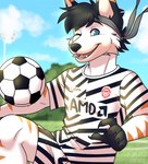 accessory anthro black_hair black_paws black_stripes blue_eyes clothing football_player fur hair headband male male_anthro markings orange_stripes soccer_jersey soccer_uniform solo sportswear striped_markings stripes teal_eyes uniform white_body white_clothing white_fur emiiz amd antoine_darkstar canid canine fox mammal 2021 half-length_portrait portrait