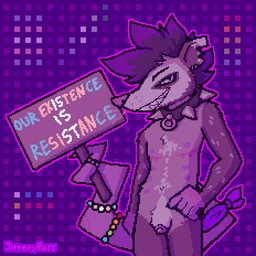 andromorph anthro beard big_clitoris body_hair casual_nudity clitoris collar ear_piercing facial_hair genitals grey_body grin holding_object holding_sign holding_with_tail intersex lgbt_pride long_tail looking_at_viewer male mastectomy_scar mohawk multi_nipple nipples nude o-ring piercing politics pride_color_accessory pride_color_background pride_colors scar sign simple_background smile solo spiked_collar spikes standing tail vulva white_body_hair jitteryposs lgbt_pride_month ray_(jitteryposs) american_opossum mammal marsupial virginia_opossum trans_(lore) trans_man_(lore)