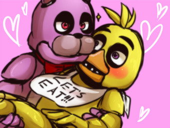 ambiguous_gender angry anthro beak bib blush bow_tie carrying_another duo heart_symbol looking_at_another machine purple_body purple_eyes red_eyes running shocked sparkles yellow_body ill825_(artist) five_nights_at_freddy's scottgames bonnie_(fnaf) chica_(fnaf) classic_chica_(fnaf) animatronic avian bird chicken galliform lagomorph leporid mammal phasianid rabbit robot 2015 4:3