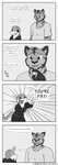 absurd_res anthro black_and_white briefs button_(fastener) canisfidelis clothing comic dialogue digital_media_(artwork) duo english_text felid hi_res hoodie humor lizard male male/male mammal monochrome okami_tokage pantherine reptile scalie simple_background speech_bubble text tiger topwear underwear vrock