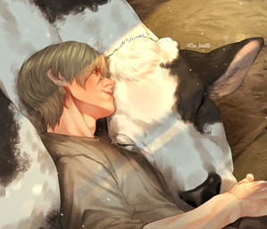 bangs black_body black_fur black_nose blonde_hair closed_smile clothed clothed_human clothed_male clothing content_smile cuddling duo eye_through_hair farmer female female_feral feral fingers fur grey_clothing grey_shirt grey_topwear hair light light_beam lips male male_human mouth_closed multicolored_body multicolored_fur shirt sleeping smile sunbeam sunlight tan_inner_ear tan_lips text topwear translucent translucent_hair two_tone_body two_tone_fur white_body white_fur chesue00 capcom resident_evil leon_kennedy bovid bovine cattle holstein_friesian_cattle human mammal 2025 artist_name colored english_description hi_res lighting shaded