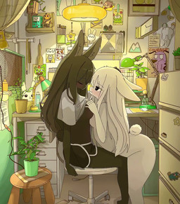 anthro bedroom_eyes bent_over black_body black_fur blush bottomless bottomless_anthro bottomless_female breast_play breasts caressing_head clothed clothing desk detailed_background dolphin_shorts duo eye_contact female female/female fur furniture furniture_lamp hair half-closed_eyes headpat inside long_hair looking_at_another narrowed_eyes nude rolled_up_shirt romantic romantic_couple scut_tail seductive short_tail smile table tail white_body white_fur doremifaso64 adventure_time cartoon_network courage_the_cowardly_dog cut_the_rope disney happy_tree_friends kirby_(series) nintendo peak_(videogame) phineas_and_ferb bmo courage_the_cowardly_dog_(character) kirby nutty_(htf) om_nom perry_the_platypus lagomorph mammal 2025 animated colored digital_media_(artwork) hi_res no_sound shaded short_playtime