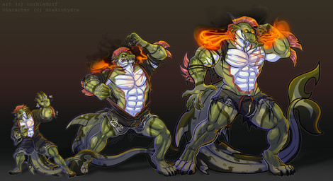 anthro breath_powers elemental_manipulation fire fire_breathing fire_manipulation gills growth male muscle_growth muscular muscular_anthro muscular_male solo transformation corbledorf mythology ryusui_(drakinhydra) aquatic dragon fish hybrid mythological_creature mythological_scalie salmonid_(fish) scalie hi_res