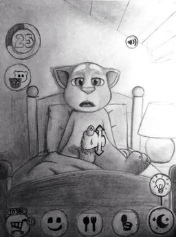 anthro bed erection foreskin fur furniture genitals gui hair male masturbation nude penile_spines penis shadow solo young krysriver_(artist) talking_tom_and_friends talking_tom domestic_cat felid feline felis mammal low_res