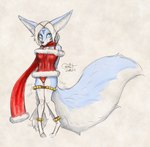 anthro bell big_tail blue_body blue_eyes blue_fur breasts clothing dress female fur hair holidays looking_at_viewer panties scarf simple_background solo standing tail underwear white_body white_fur white_hair blokfort christmas kalta_(blokfort) canid canine fennec_fox fox mammal true_fox 2023