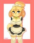 2018 absurd_res animal_crossing apron arzonaut big_breasts blonde_hair blush blush_stickers border bow_(feature) bow_tie breasts canid canine canis cleavage clothed clothing collarbone domestic_dog dress eyebrow_through_hair eyebrows female fur green_eyes hair happy hi_res isabelle_(animal_crossing) legwear maid_uniform mammal nintendo pink_border shih_tzu short_hair signature simple_background smile solo standing thigh_highs tied_hair topknot toy_dog translucent translucent_hair uniform white_background yellow_body yellow_fur