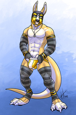 abs animal_mask anthro armwear blue_eyes bulge clothing detailed_bulge front_view grey_armwear grey_clothing grey_legwear jewelry jockstrap legwear looking_at_viewer male male_anthro mask muscular muscular_anthro muscular_male necklace pattern_armwear pattern_clothing pattern_legwear pecs pup_mask simple_background solo standing striped_armwear striped_clothing striped_legwear stripes underwear wearing_mask white_body yellow_body yellow_clothing yellow_jockstrap yellow_underwear hufnaar solaxe kangaroo macropod mammal marsupial 2019 dated full-length_portrait hi_res portrait