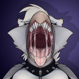 anthro beak bodily_fluids cheek_tuft collar drooling eyes_closed facial_tuft female female_anthro fur gaping_mouth grey_body grey_fur gums hair mouth_shot open_beak open_mouth palate pink_mouth pink_tongue purple_background saliva saliva_string shadow simple_background solo spiked_collar spikes teeth tongue tongue_out toothed_beak tuft white_hair akudrache joy_(shammy) avian bird owl 1:1 2025 colored digital_drawing_(artwork) digital_media_(artwork) hi_res shaded