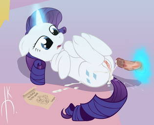 blue_eyes bodily_fluids clitoris cum cutie_mark duo ears_down erection female feral fur genital_fluids genitals hair horn humanoid_genitalia humanoid_penis long_hair male note nude penis pivoted_ears quadruped sex_toy solo_focus tail vulva white_body white_fur evilkey friendship_is_magic hasbro my_little_pony mythology rarity_(mlp) equid equine human mammal mythological_creature mythological_equine unicorn