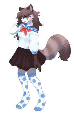 anthro blue_clothing blue_footwear blue_socks bottomwear brown_body brown_bottomwear brown_clothing brown_fur brown_hair brown_skirt cheek_tuft clothed clothing eyes_closed facial_tuft female footwear fur hair open_mouth open_smile red_tongue school_uniform simple_background skirt smile socks solo standing three-quarter_view tongue topwear tuft uniform unsigned white_background white_body white_clothing white_fur white_topwear corzh77 mammal species_request absurd_res full-length_portrait hi_res portrait