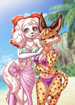 accessory anthro beach bikini blue_eyes bow_ribbon breasts brown_body brown_fur centered_hair_bow clothing collarbone duo ear_piercing ear_ring eyebrows eyelashes female fur hair_accessory hair_bow hair_ribbon hand_on_another's_shoulder hand_on_shoulder inner_ear_fluff markings navel outside piercing ribbons ring_piercing sarong spots spotted_body spotted_fur swimwear tuft two-piece_swimsuit white_body white_fur michip1310 nintendo star_fox fay_(star_fox) miyu_(star_fox) bird_dog canid canine canis domestic_dog felid feline hunting_dog lynx mammal spaniel hi_res